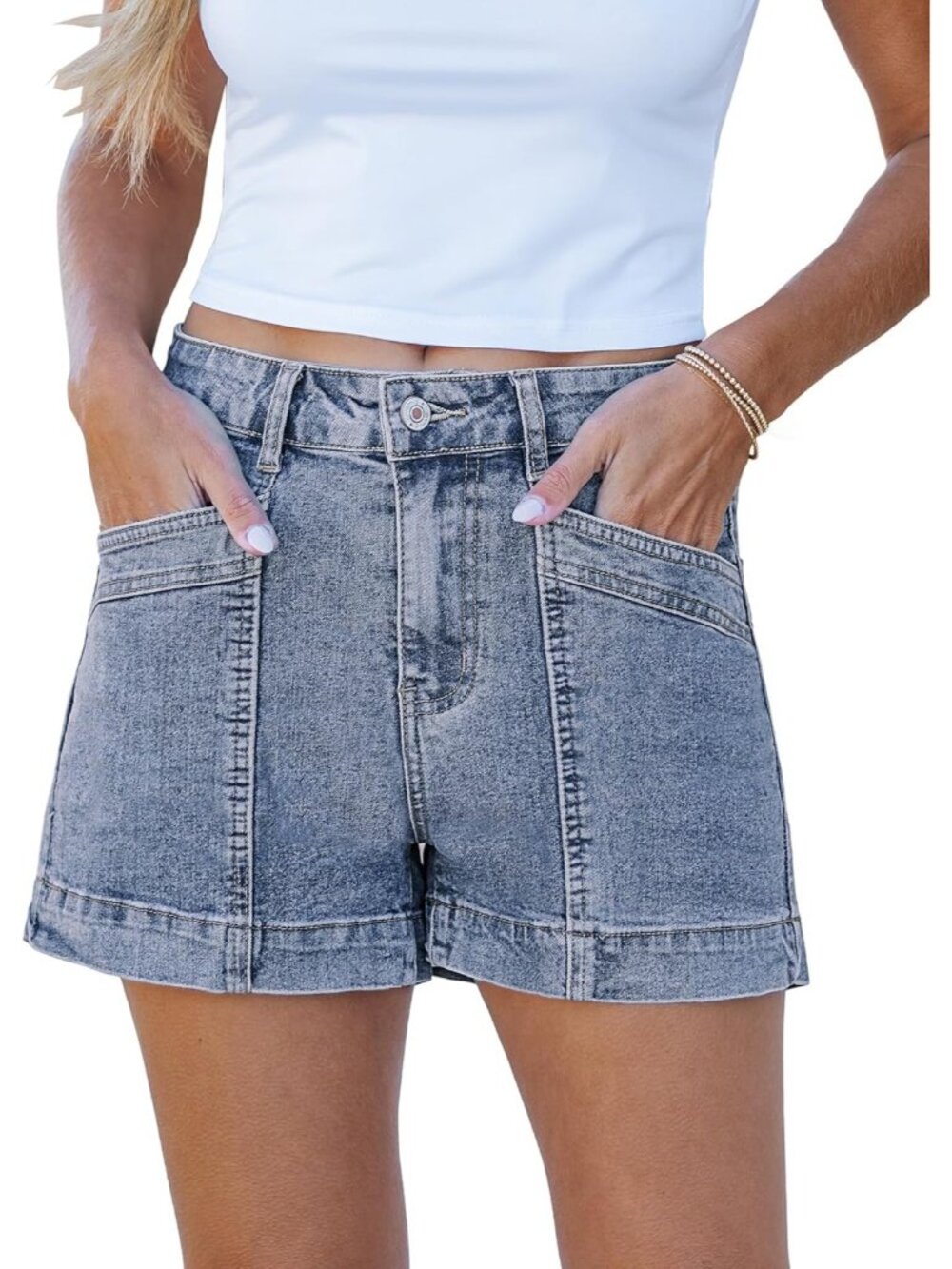 Women's Reef Blue High Waisted Stretchy Denim Jorts Stylish Shorts With Pockets